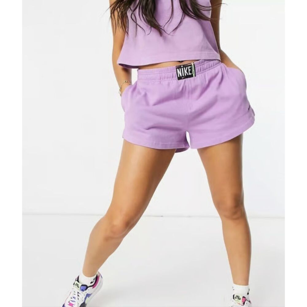 NIKE Sportswear Purple Fleece Shorts High Waisted Box Logo Lounge Womens Small
